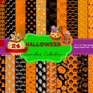Cyfrowe papiery na Halloween, bezszwowy powtarzalny wzór, tło z dynią duchów, bezszwowe do druku, wzór na Halloween, upiorny, papier do scrapbookingu