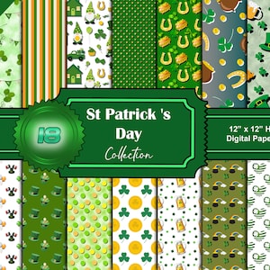 St. Patrick&#39;s Day Printable Day Digital Papers Lucky Marshmallow Spring Rainbow Scrapbook Paper Instant Download Four Leaf Clover Wallpaper