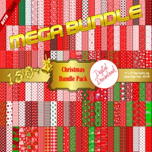 May include: A digital paper pack featuring over 150 Christmas themed patterns in red, green and white. The patterns include snowflakes, candy canes, reindeer and Christmas trees. The pack is a digital download and includes 12 inch by 12 inch high quality JPG images at 300 DPI.