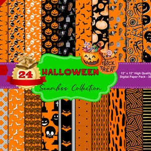 Cyfrowe papiery na Halloween, wzór na Halloween, bezszwowy powtarzalny wzór, upiorny, papier do scrapbookingu, tło z dynią ducha, bezszwowe do druku