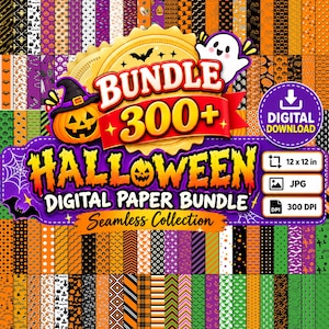HALLOWEEN DIGITAL Paper Bundle 300+ | Seamless 12x12in JPG Patterns, Ghost & Pumpkin Scrapbook Paper, Spooky Digital Backgrounds