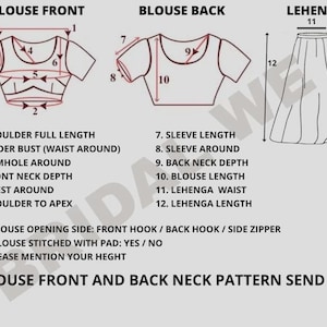 Puede incluir: Una gu&iacute;a de medidas para blusa y lehenga con dibujos lineales del frente y la espalda de la prenda. El texto enumera doce puntos de medici&oacute;n espec&iacute;ficos, incluyendo el largo de hombro, pecho, cintura y la profundidad del escote.