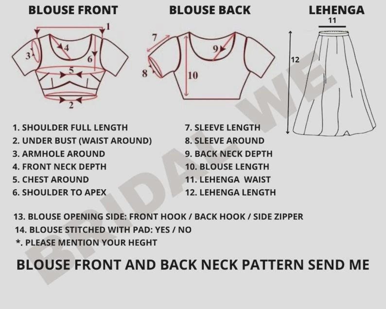 Puede incluir: Una gu&iacute;a de medidas para blusa y lehenga con dibujos lineales del frente y la espalda de la prenda. El texto enumera doce puntos de medici&oacute;n espec&iacute;ficos, incluyendo el largo de hombro, pecho, cintura y la profundidad del escote.