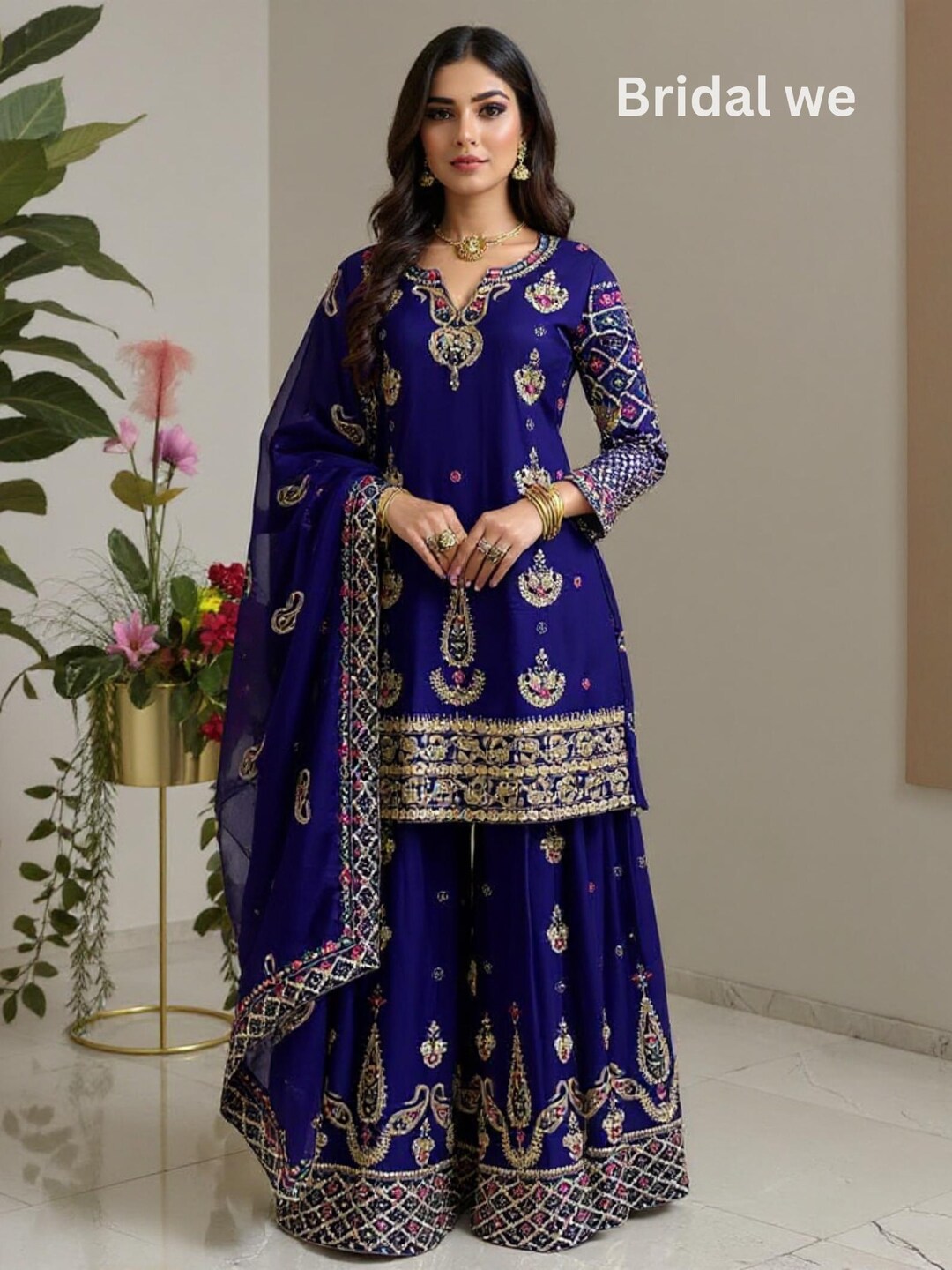 Traditional Chinon Sharara Set with Heavy Embroidery for Bridal & Festive Wear - Buy