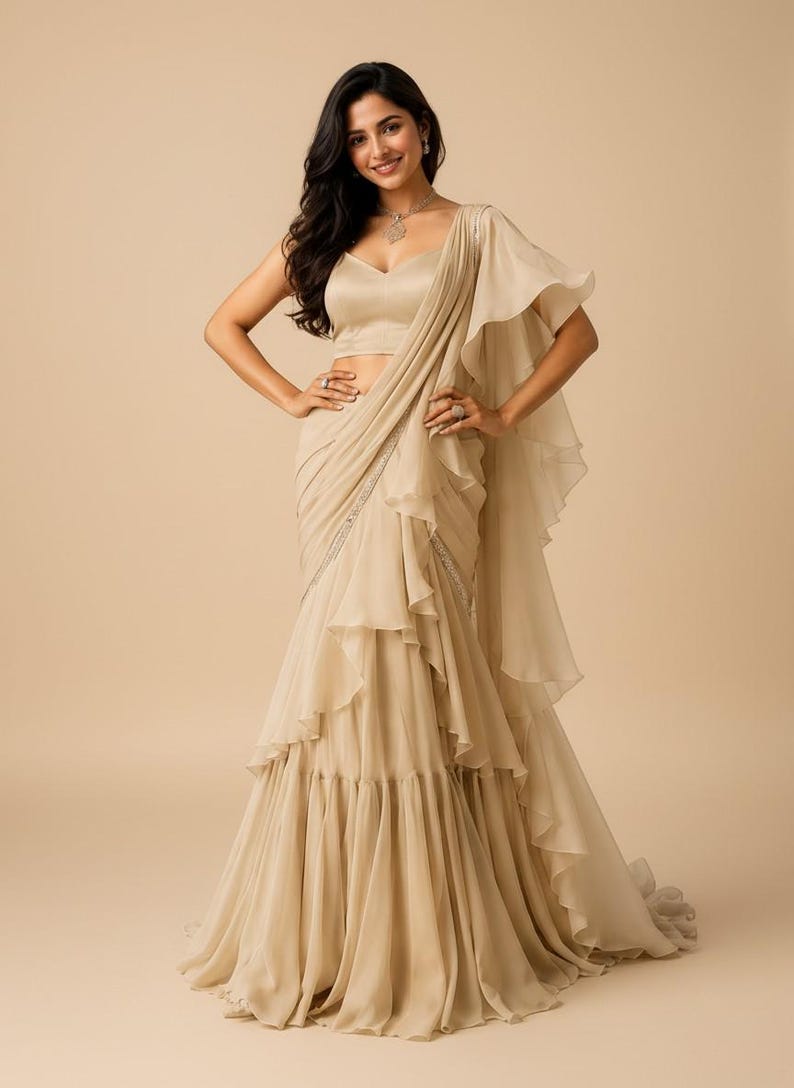 May include: A champagne-colored saree-style gown featuring a sleeveless bodice with a sweetheart neckline, a draped skirt with cascading ruffles, and a matching shoulder drape. The garment is crafted from a lightweight, flowing fabric.