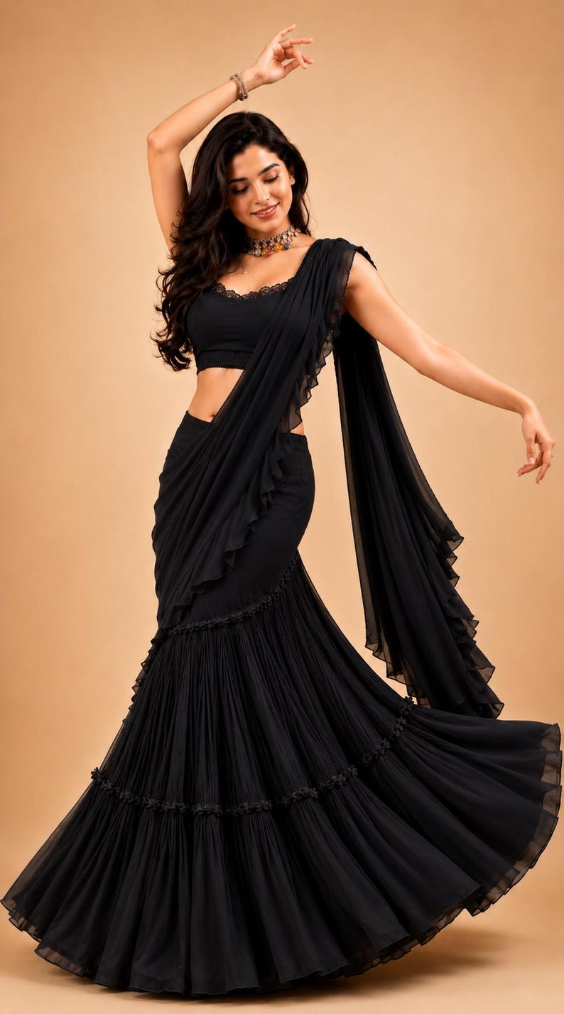 Puede incluir: Un sari negro que presenta una blusa sin mangas con un escote adornado con encaje. La falda est&aacute; muy plisada con un dise&ntilde;o escalonado y peque&ntilde;os detalles florales en las costuras. Un pallu largo y fluido con bordes con volantes.