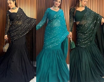 Celebrities Inspired Georgette  Sequin with Ruffle Work Saree Bollywood Style Sari, wedding festivals Party wear Ready To Wear Sari Gifts