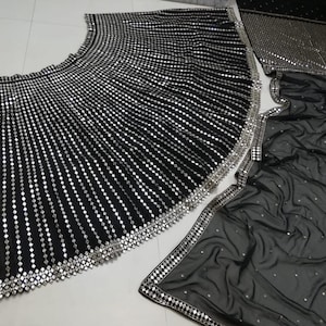 Organza Silk Lehenga Choli: Mirror Zari Embroidery, Indian Wedding Outfit