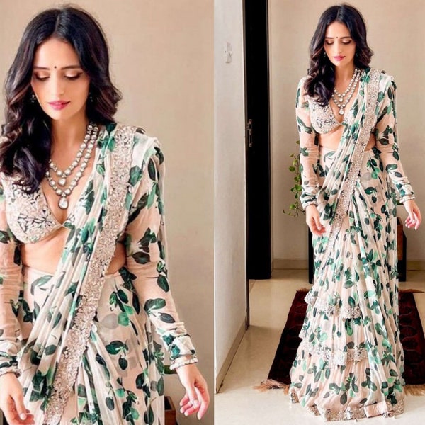 Von Prominenten inspirierte Georgette-Paillettenstickerei mit Rüschen und Resa-Arbeit, Sari im Bollywood-Stil, Hochzeitsfeste, Partykleidung, Geschenke