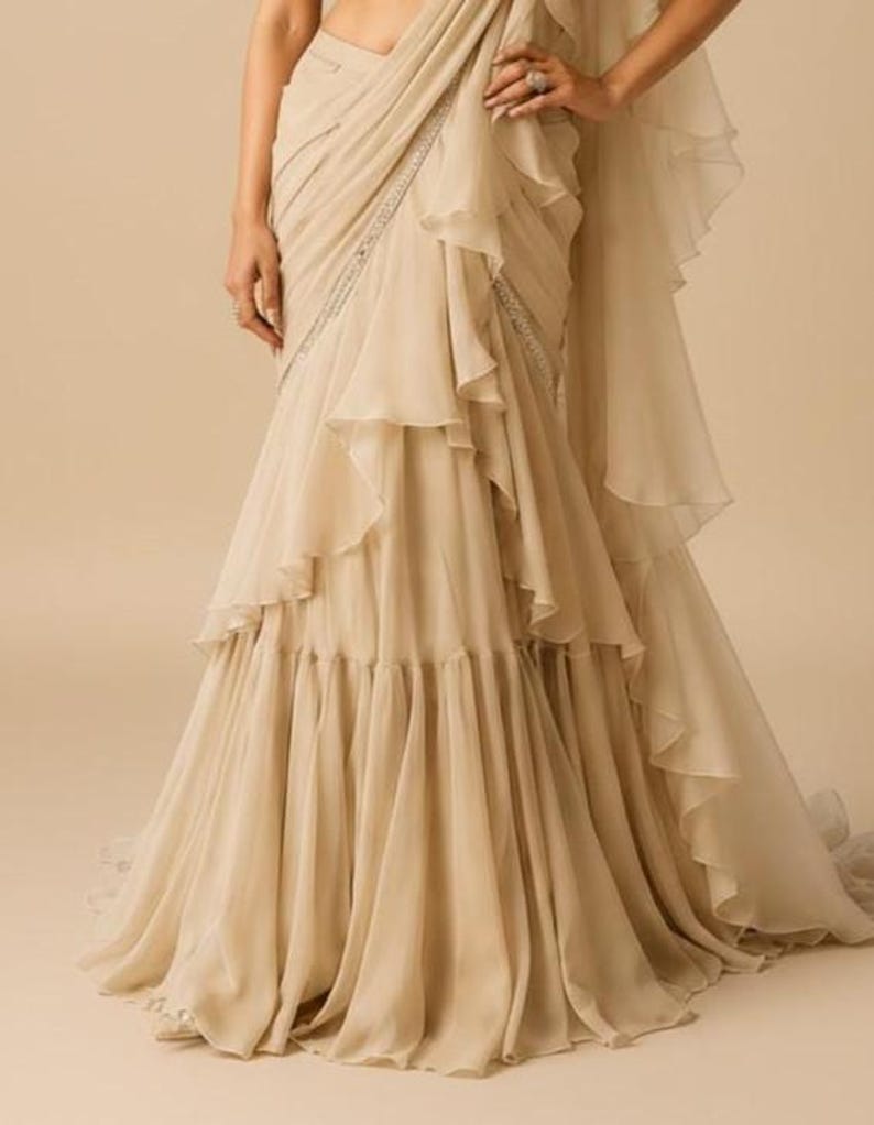 Bollywood Style Ruffle Ready-to-Wear Georgette Lehenga Saree Wedding Reception Party wear Saree image 3