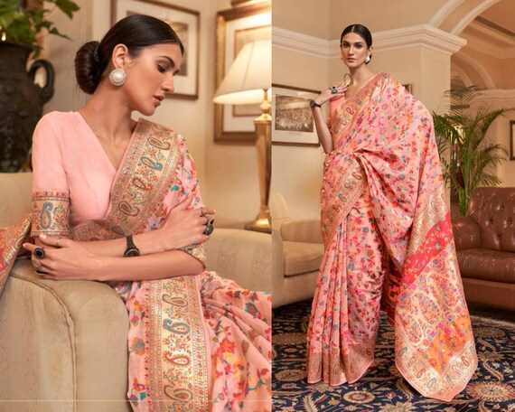 BUY Coral Peach Pashmina Saree, Sari for Wedding Reception Function Wear  Kashmiri Weaving Silk Kani Saree for Women, Royal Look Sarees Gifts - Etsy