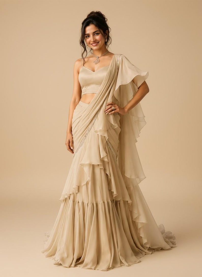May include: A beige sleeveless blouse with a sweetheart neckline paired with a matching floor-length skirt featuring layered ruffles and a draped sash detail that cascades from the shoulder down to the hemline in a flowing silhouette.