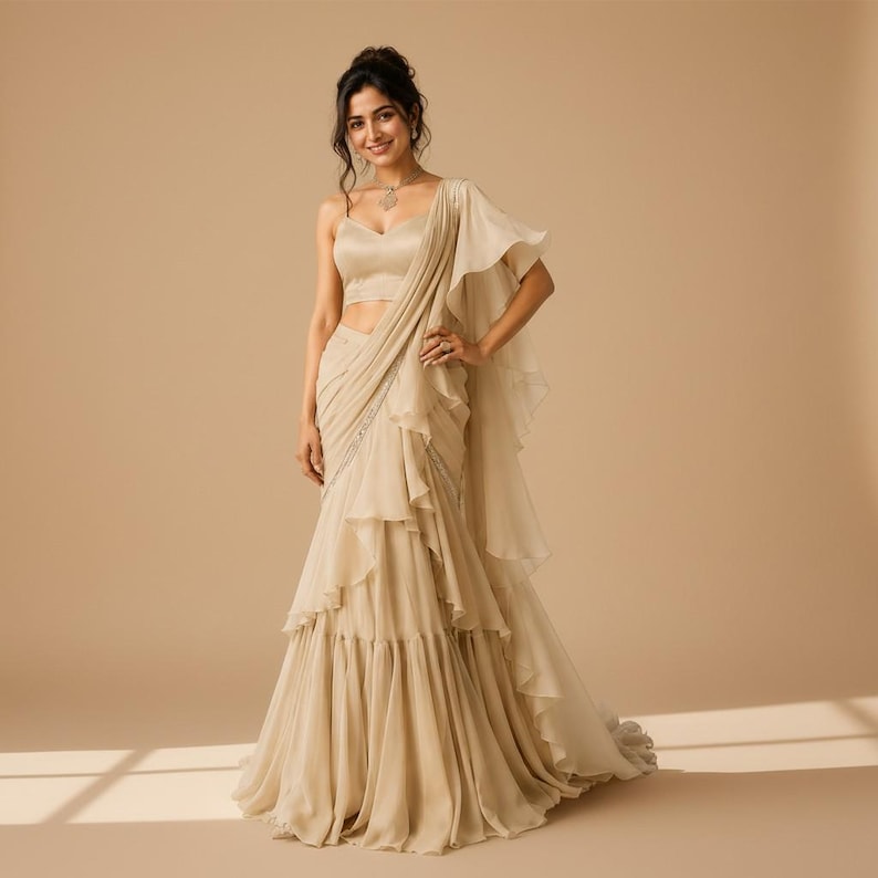 May include: A beige sleeveless crop top paired with a matching floor-length skirt featuring layered ruffles and a draped fabric panel. The ensemble is crafted from a lightweight, flowing material with a subtle sheen, creating a tiered silhouette.