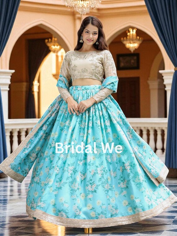 Floral Printed Organza Lehenga Choli: Sky Blue Indian Wedding Outfit - Etsy  Israel