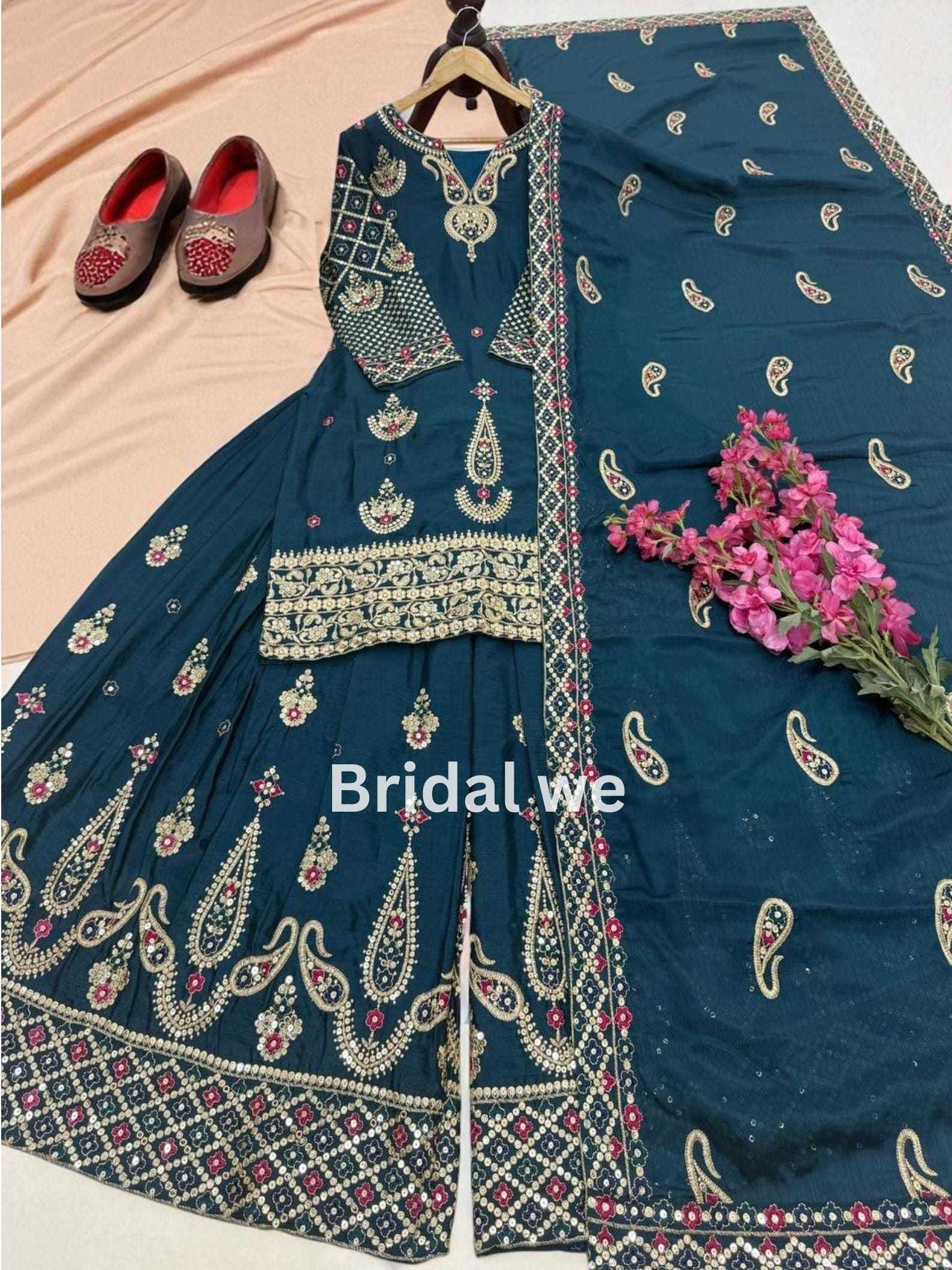 Women’s Green Chinon Sharara Suit Set Hand Embroidered Ethnic Party Wear Dress - Buy main image 1