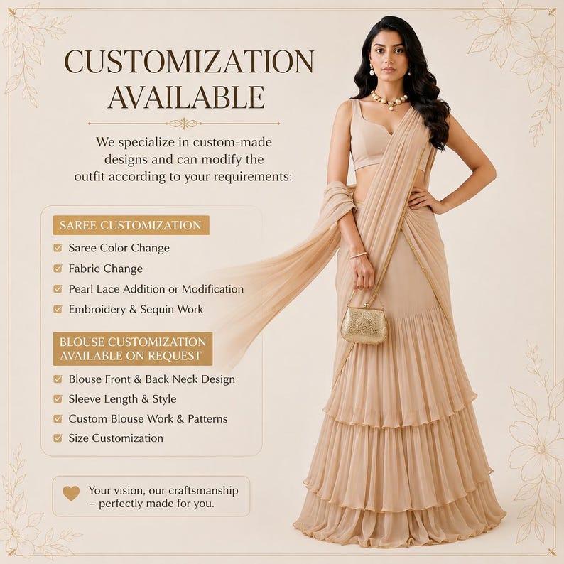 May include: A beige tiered saree with a sleeveless blouse and a matching draped pallu. The text reads: CUSTOMIZATION AVAILABLE, We specialize in custom-made designs and can modify the outfit according to your requirements: SAREE CUSTOMIZATION, Saree Color Change, Fabric Change, Pearl Lace Addition or Modification, Embroidery & Sequin Work, BLOUSE CUSTOMIZATION AVAILABLE ON REQUEST, Blouse Front & Back Neck Design, Sleeve Length & Style, Custom Blouse Work & Patterns, Size Customization, Your vision, our craftsmanship &ndash; perfectly made for you.
