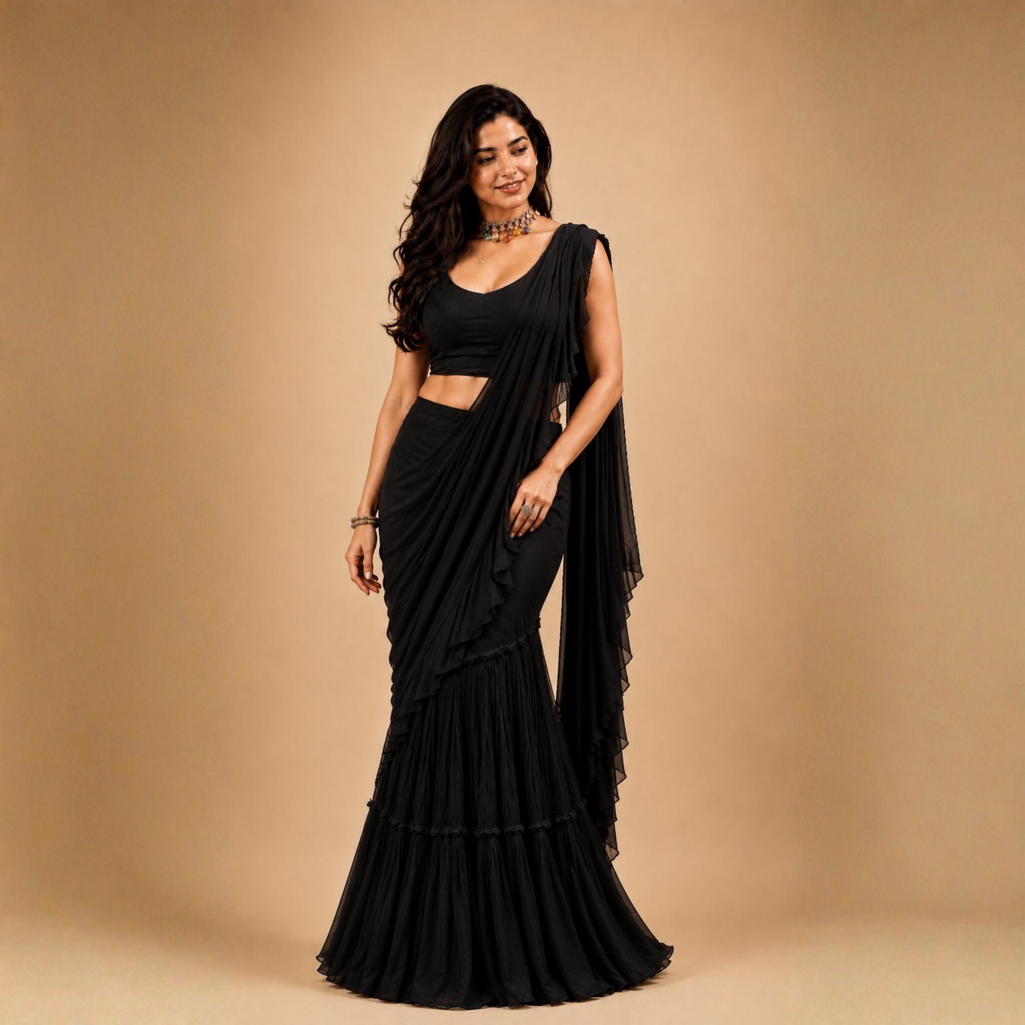 Bollywood Style Ruffle Ready-to-Wear Black Georgette Lehenga Saree Wedding Reception Party wear Saree