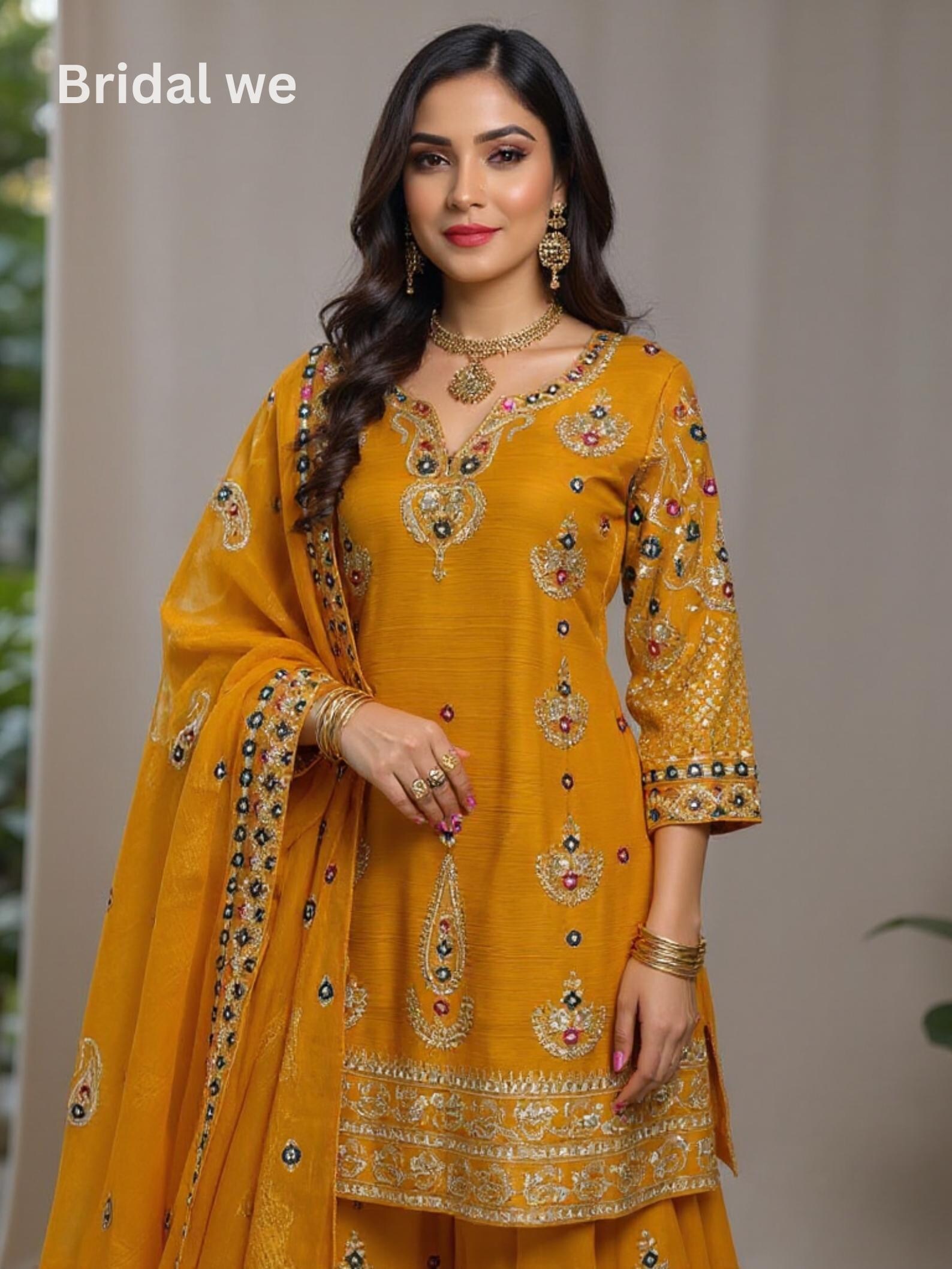 Dark Blue Chinon Sharara Suit for Women Traditional Hand Embroidery Wedding & Party Wear Dress - Buy