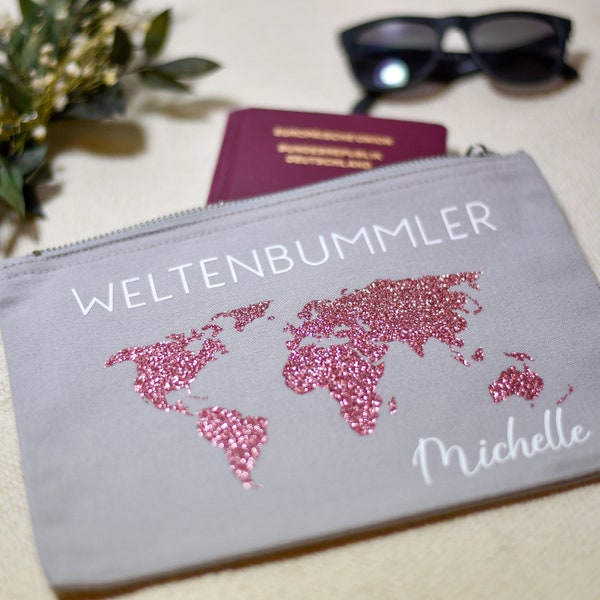 personalisiertes Weltenbummler Täschchen Reisebag | Reiseapotheke | Auslandssemester | Geschenk für Studenten