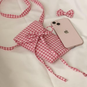 Borsa per telefono trapuntata a quadretti rosa, borsetta per telefono, borsa a tracolla, borsa per cellulare, piccola borsa a tracolla, custodia per telefono, custodia in tessuto per telefono