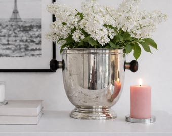 Wine cooler with wooden handles – Large vintage champagne cooler bowl – Elegant natural patina luxury table decoration floral arrangement vintage