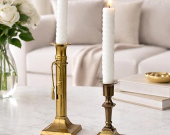 Set of 2 Vintage Brass Candle Holders, Mid-Century Decorative Brass Candle Holders, Retro Brass Candle Holders, Decor, Mix & Match