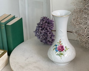24.5 cm, flower vase Royal Porzellan Bavaria, KPM Germany, handmade, relief with rose decoration, porcelain, 70s, bulbous vase gold rim