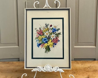 Picture bouquet of flowers framed with passe-partout / white retro wooden frame / 1960/70s / motif bouquet of flowers / signed / wooden frame / mountain flowers