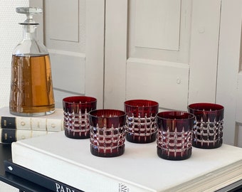 5 piece set / ruby red glasses / crystal glasses / whiskey glasses / handmade ruby crystal glasses / approx. 60s