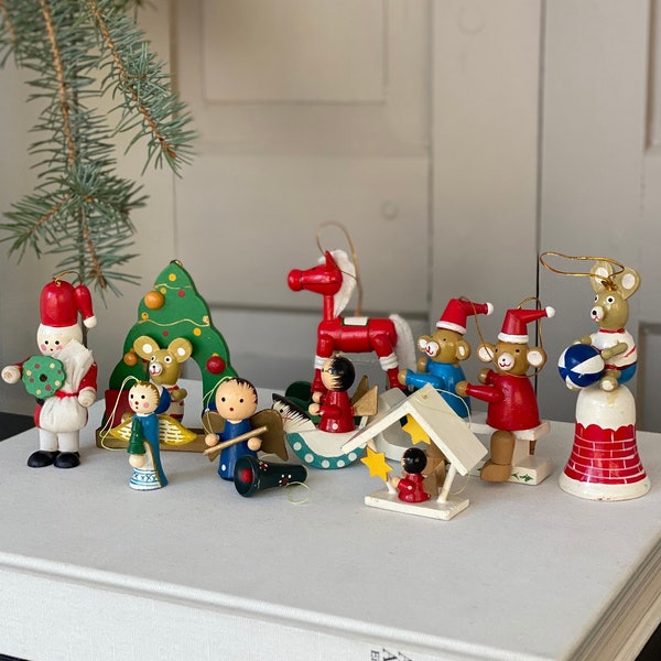 Set of 10 PCS / Handmade wooden Christmas figures / Vintage Christmas decorations / old Christmas tree decorations / Nostalgic Christmas