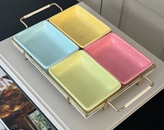50s Vintage Ceramic Metal Serving Plate / Snack Bowl Mid Century / Appetizer Plate / Pastel Bowls / Perforated Sheet White Gold /