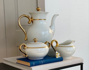 3er Vintage Tee Set Ph Rosenthal / 1920s / Teekanne Zuckerdose Milchkännchen / weiß mit goldenen Akzenten / Porzellan Bavaria / Germany