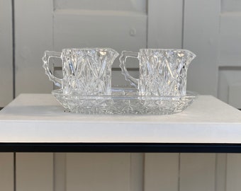 Set of 3 / Vintage pressed glass set / Retro milk jug / Crystal glass cream jug / matching tray / Coffee Tea Food Photography