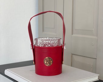 EK030 1150 Gramm, Vintage Glas Eiswürfelbehälter mit Kunstleder, rot, 1960er Jahre Bar Zubehör, Bar Cart Accessories & Decor, Ice Bucket