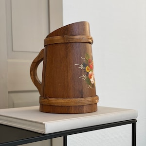 Farm painting jug made of wood / flowers mid century country house hand-painted / folk art alpine / handcraft / vintage farmhouse / woodcut art