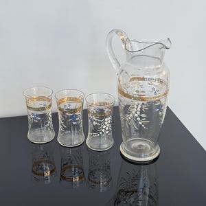アンティークガラスカラフェとグラス4点セット / ヴィンテージデキャンタとウォーターグラス / 花柄装飾 / シャトーコア / 手描き / 希少 / 1900年頃