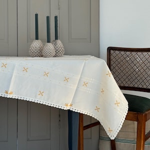 Vintage Christmas tablecloth cream-white damask with cross-stitch embroidery / Christmas retro tablecloth / embroidery bells & stars / 1980s