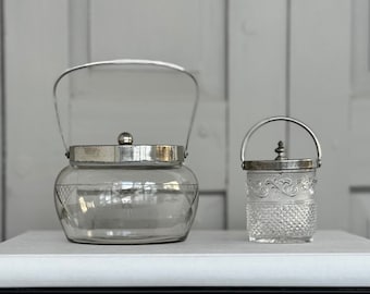 Set of 2 PCS / Vintage Glass Ice Bucket & Small Snack Container Pressed Glass / Ice Cube Container 1940s / Art Deco Bar Accessories