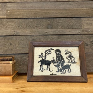 Antique cross-stitch picture framed behind glass / 1940 / motif young girl / wooden frame antique / cross-stitch art