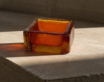 Vintage Amber Glass Ashtray – Danish Mid Century Design Orange Art Glass Trinket Dish Scandinavian Jewelry Bowl Brutalist Glass Bowl