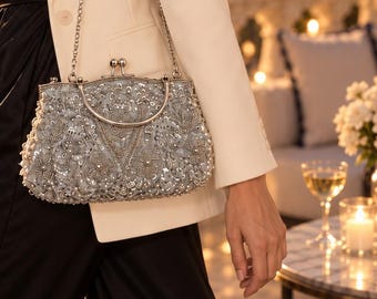 Vintage pearl clutch in silver, hand-embroidered evening bag, Art Deco glamour style, rare statement bag for special occasions