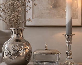 Vintage Silver Decor Set Vase, Trinket Box Candle Holder Curated Mix & Match Metal Decor Elegant Coffee Table Styling Timeless Home Decor