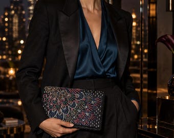 Vintage beaded clutch, black, multicolor embroidered evening bag, envelope clutch, 22 × 13 cm