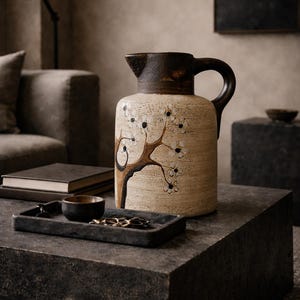 May include: A beige ceramic pitcher with a dark brown handle and rim. The pitcher features a hand-painted tree design with white blossoms. It sits on a dark gray stone table, alongside a small tray and bowl.