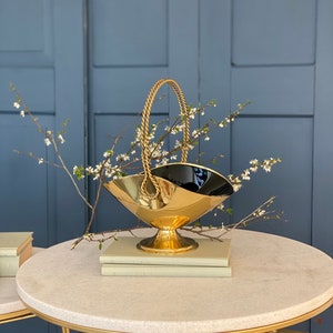 Rarity Brass basket cord handle / glass bowl deep dark green / 60s gorgeous vintage decoration / Hollywood Regency Style image 1