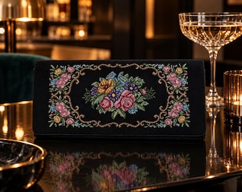 Vintage Gobelin Clutch 24 cm Black Evening Bag with Floral Needlepoint Embroidery European Vintage Purse Petit Pint Style