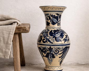 Large Corundum Ceramic Vase Romania – Handmade, 42 cm (16.5 inch) Vintage Folk Art Transylvanian Ceramic Unique Piece
