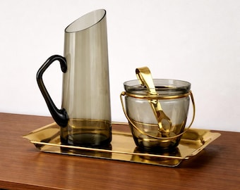 Vintage Bar Set 3 PCS Carafe, Ice Bucket & Tray / Mid Century Modern 1960s 1970s Bar Cart Accessories / Smoked Glass Brass Bar Accessories