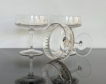 3 PCS Set / Champagne Coupe Glass / Champagne Glass Art Deco Style Hand Cut Riffle Design / Lead Crystal / 60s Fluted Champagne Glass