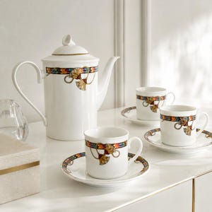 Villeroy & Boch Serie Messalina Coffee Set of 9 PCS - 4 Cups + Saucers, 1 Coffee Pot, Vintage Bone China, RARE Vintage Luxury Tableware 90s